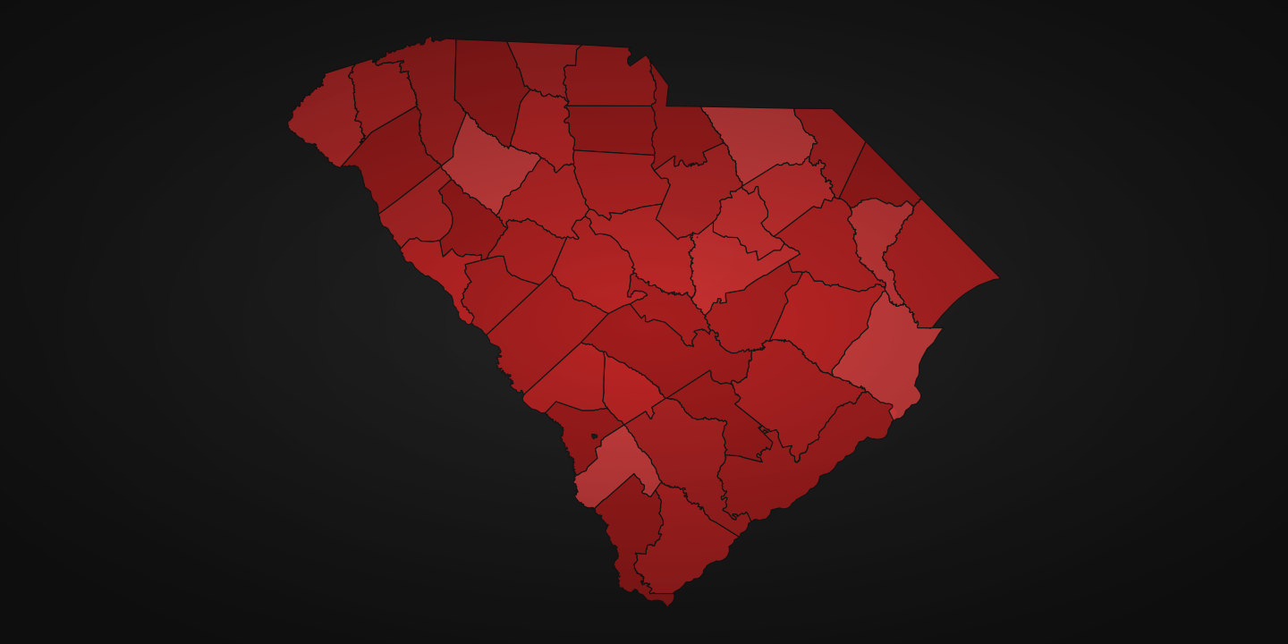 Map of South Carolina counties with ALPR surveillance camera deployments highlighted