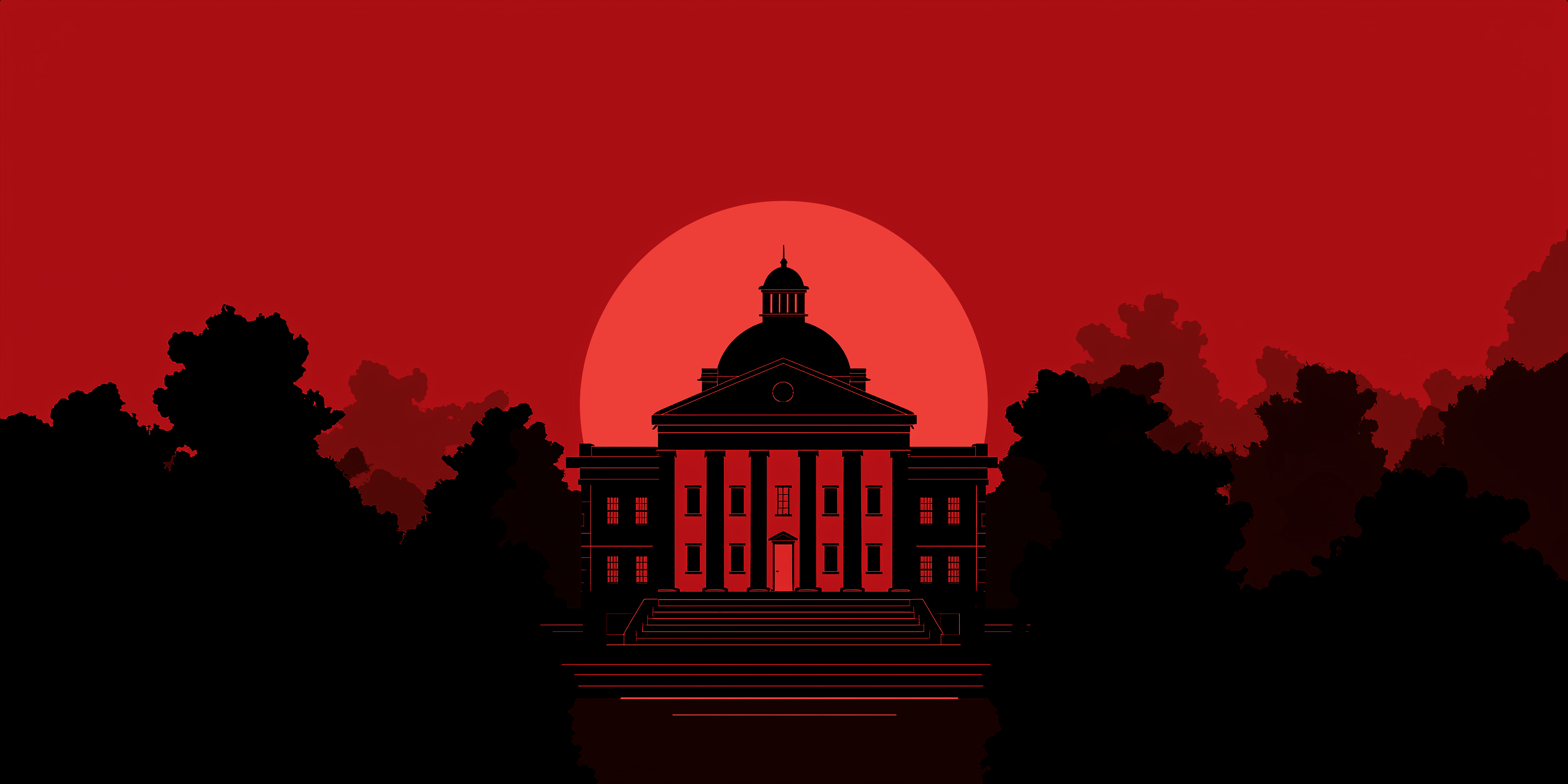 South Carolina statehouse silhouette against red sky, representing the SCPIF v. SLED surveillance lawsuit